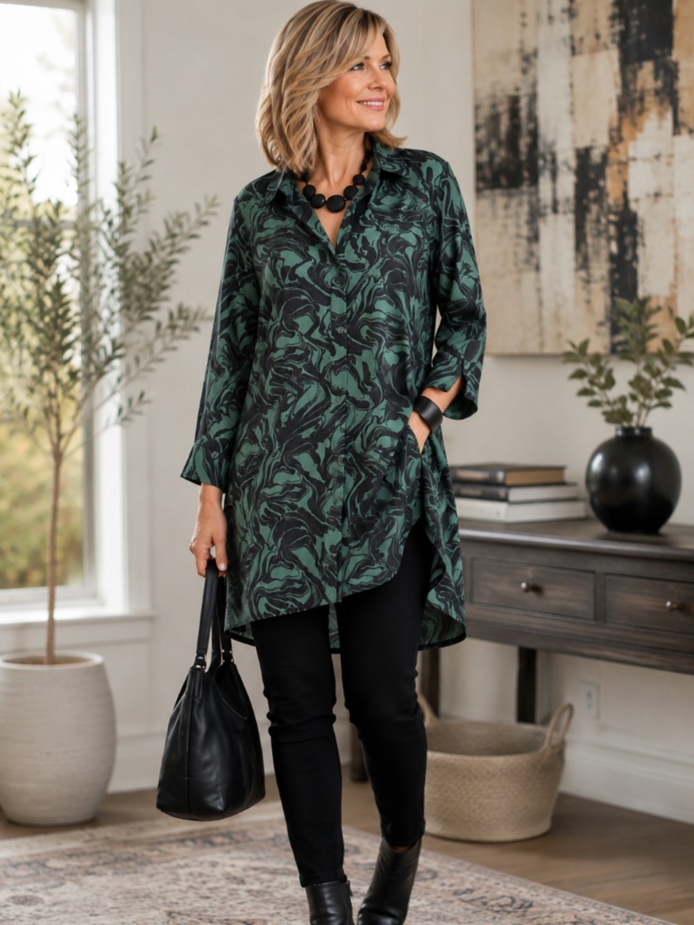 NWT KLEIO Abstract Print Button Front Tunic Top XXXL Sage Green